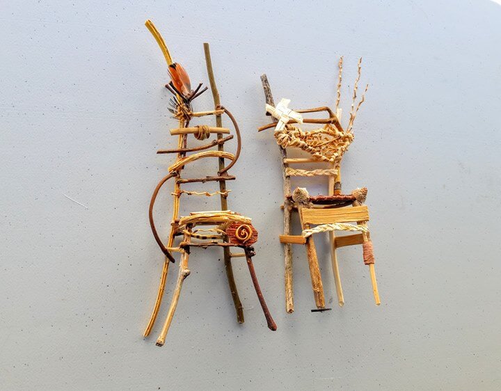 Photo of tiny wooden crafted chairs for the class by East End Art - Twig Fairy Chairs, Instructor - Ruth Ipsan-Brown