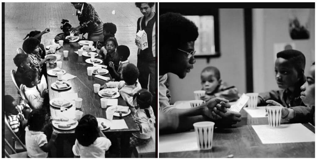 two photos of Black Panther free breakfast program activities
